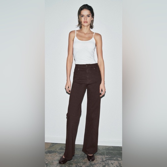 Zara Brown Corduroy Pants high waisted wide leg - Picture 5 of 6